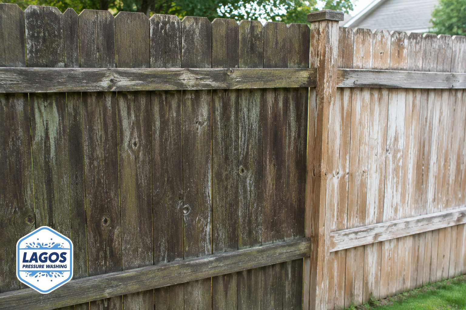Wooden backyard fence with some areas dirty and other areas where the finish appears worn and faded.