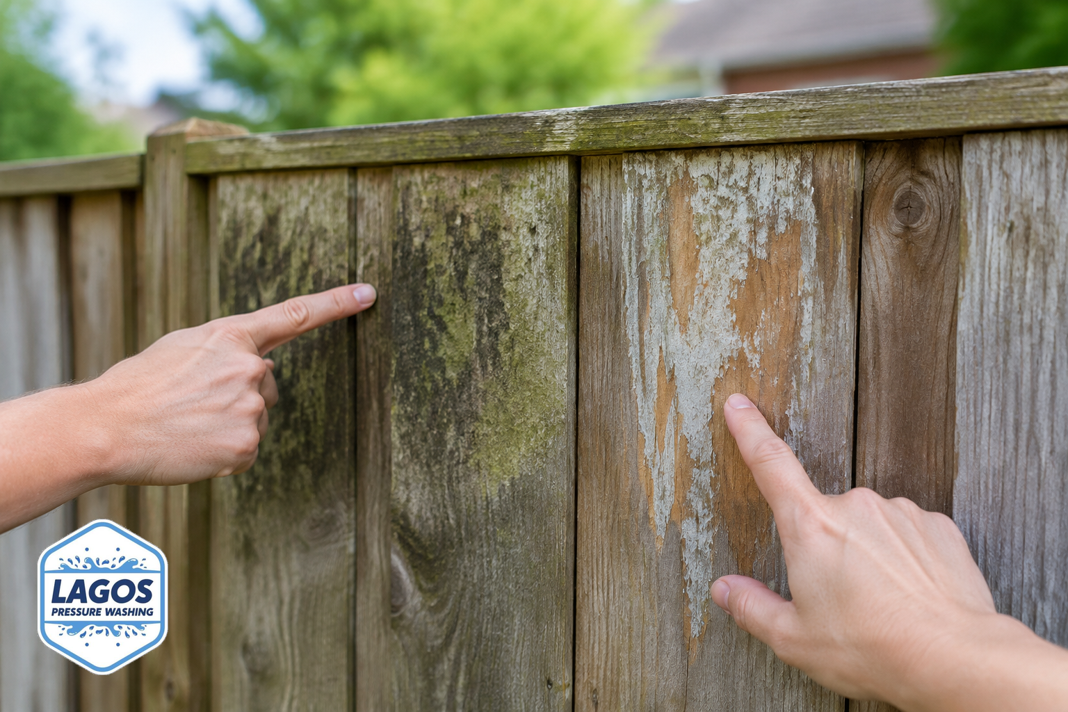 Close-up of hands pointing at dirty and patchy areas on a fence to compare their conditions.