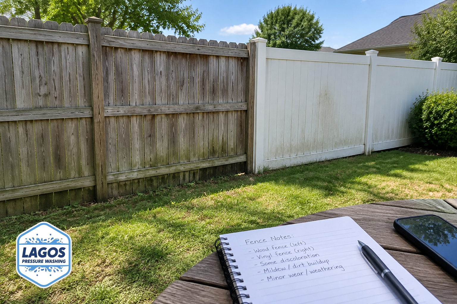 Wood and vinyl fences side by side, with someone documenting their materials and visible issues on a notepad or phone.