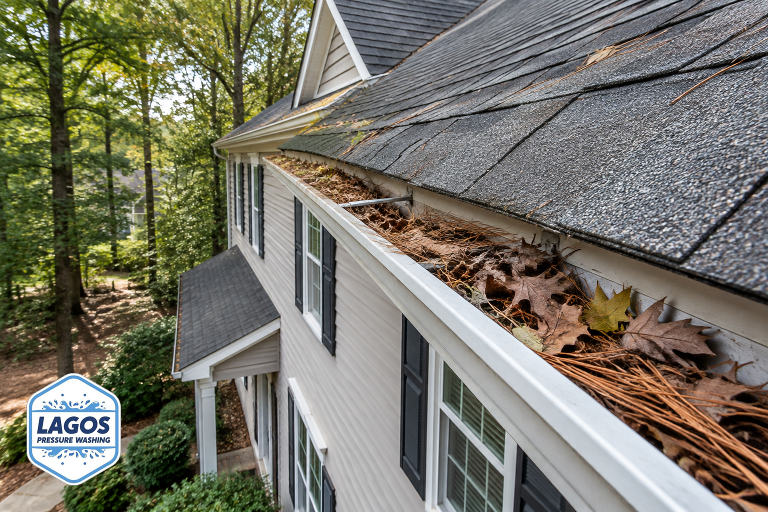 Gutter with leaves and debris on a Raleigh home roofline
