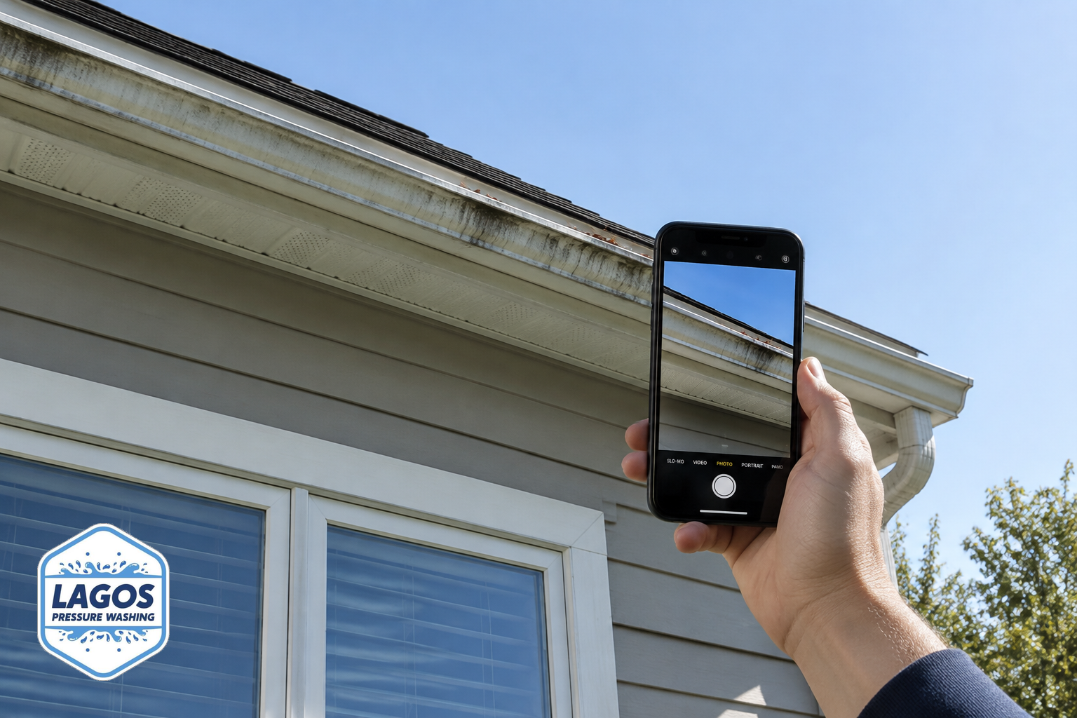 Homeowner taking a ground-level photo of house gutters with a smartphone