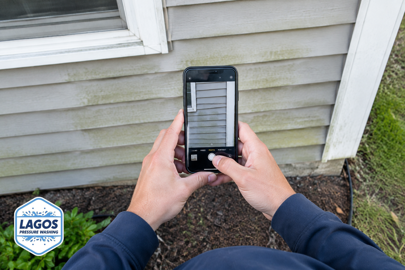 Person photographing home siding from the ground to document current condition.
