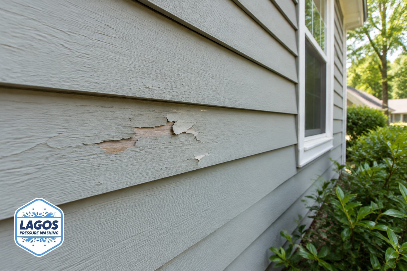 Close-up of home siding displaying slight damage next to intact areas.