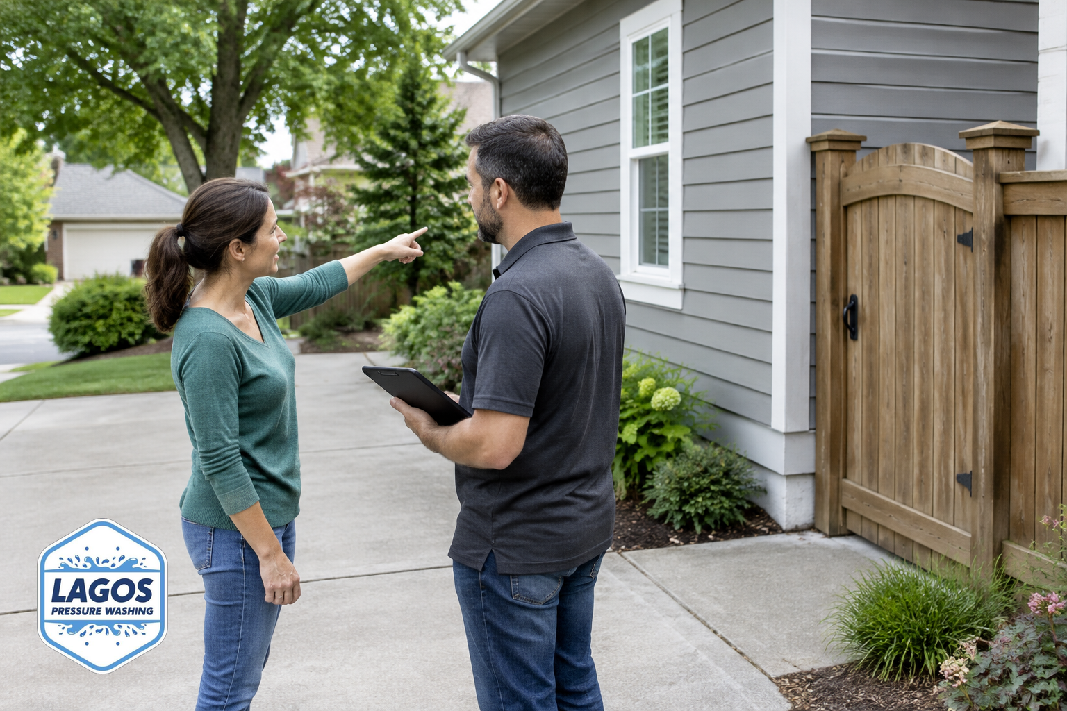 Homeowner and cleaner discussing cleaning plans and access outside a suburban house.