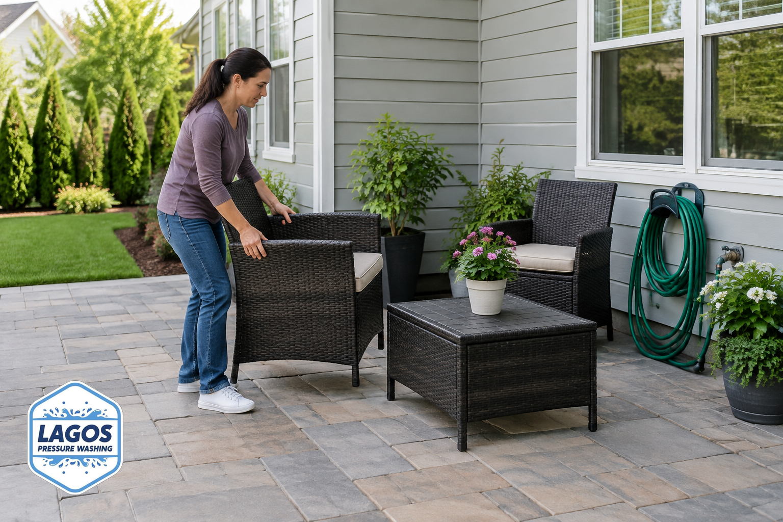 A homeowner moves furniture and potted plants away from exterior walls in preparation for soft washing.