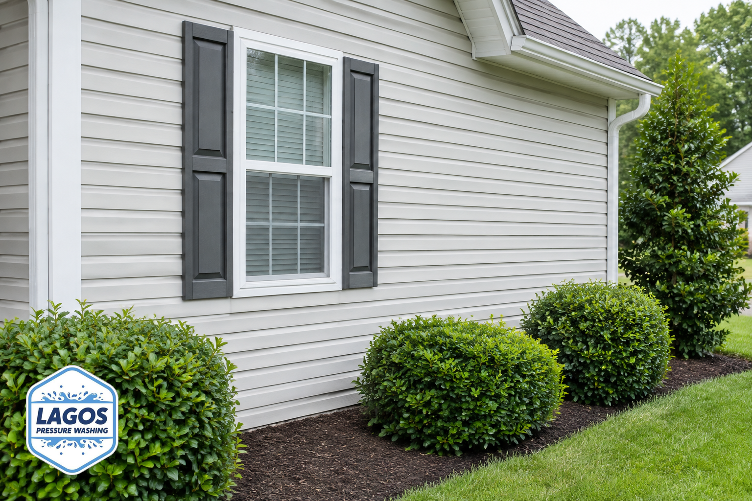 Vinyl siding and painted trim of a typical suburban home, suitable for house soft washing.