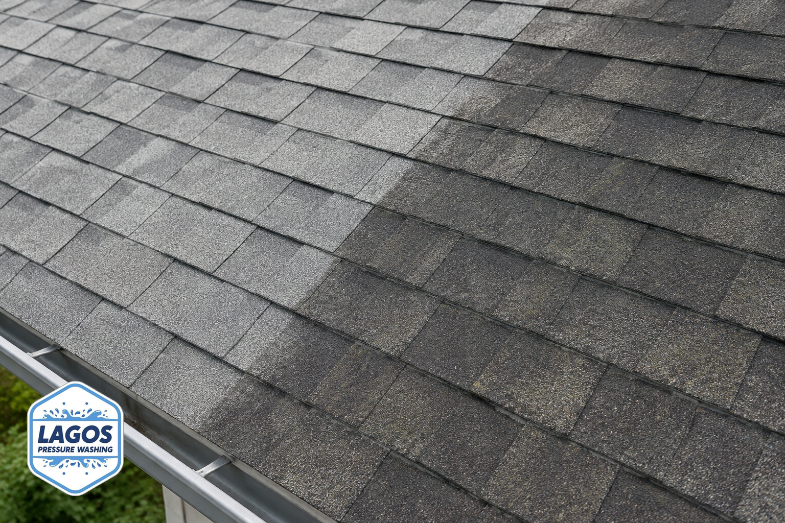 Asphalt shingle roof with subtle dark streaks, appropriate for roof soft washing discussion.