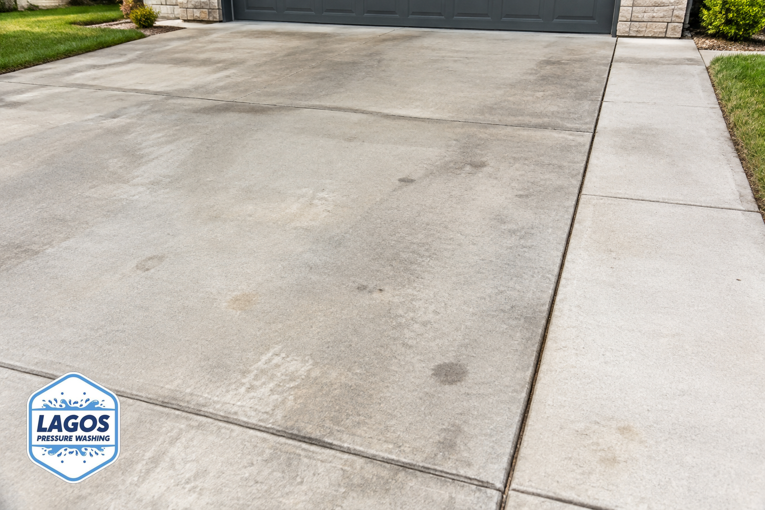 Concrete driveway and walkway with typical marks, areas relevant for pressure washing.