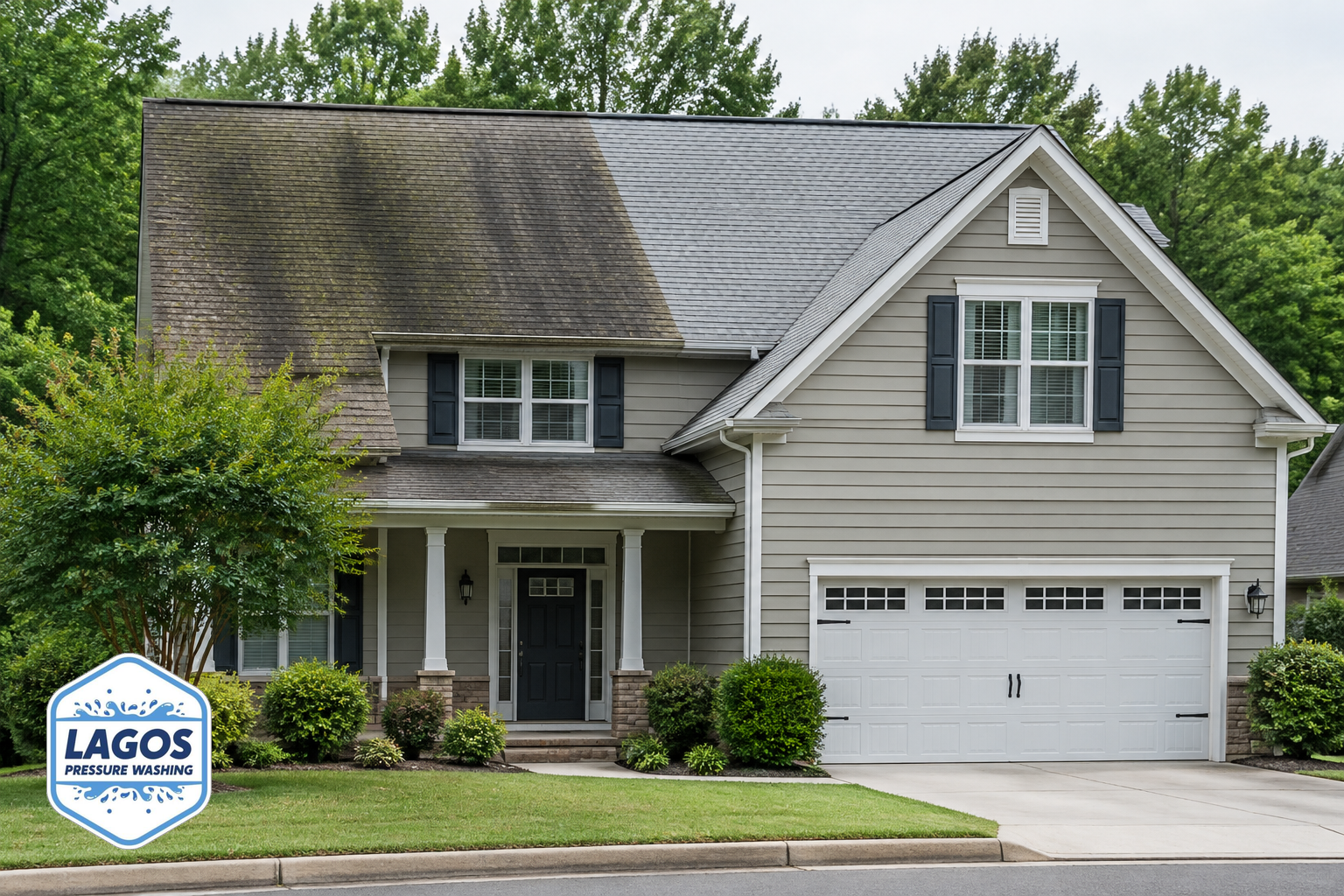 Raleigh suburban home with dark streaks visible on one side of the shingle roof.