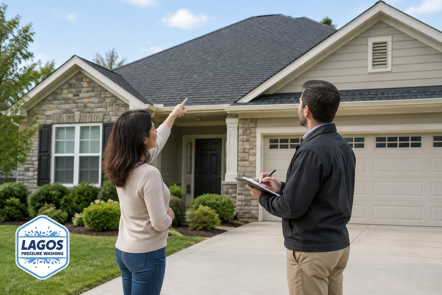 Homeowner and professional discussing roof appearance while standing safely on the ground.