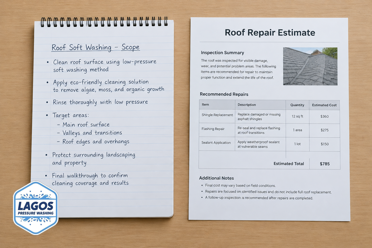 Documents showing written scope for roof cleaning and a separate repair estimate side by side.