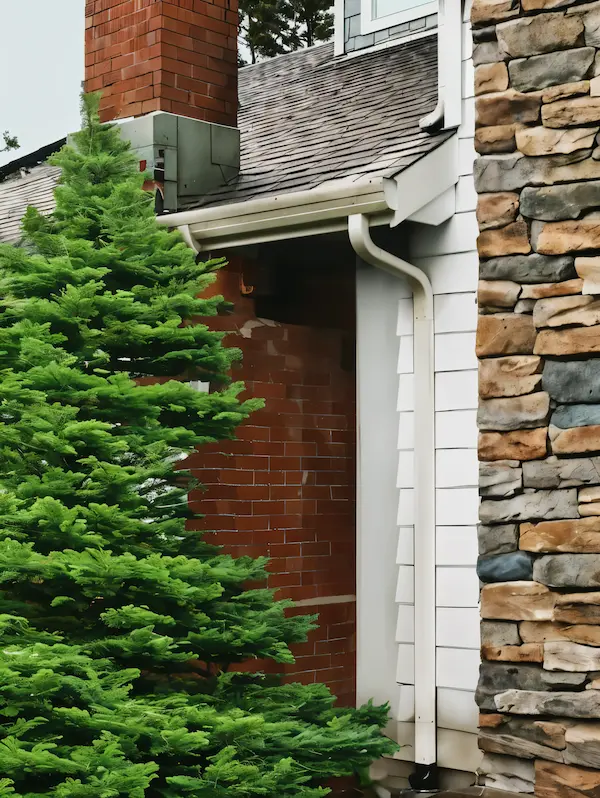 White gutter and downspout beside a home