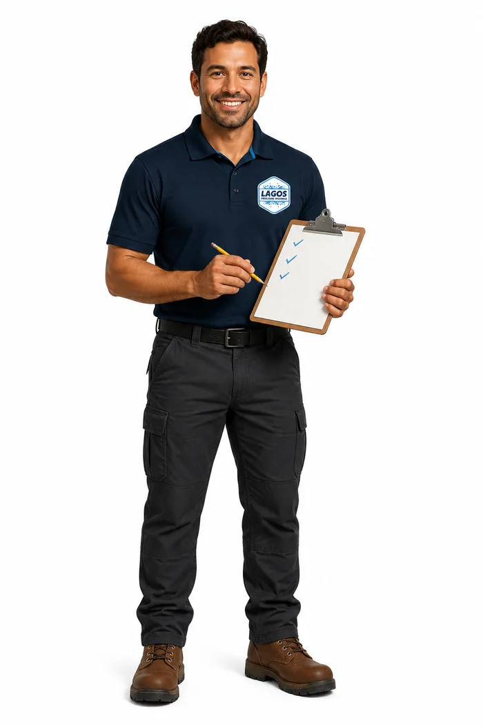 Illustrated Lagos AI technician holding a clipboard to help plan your estimate
