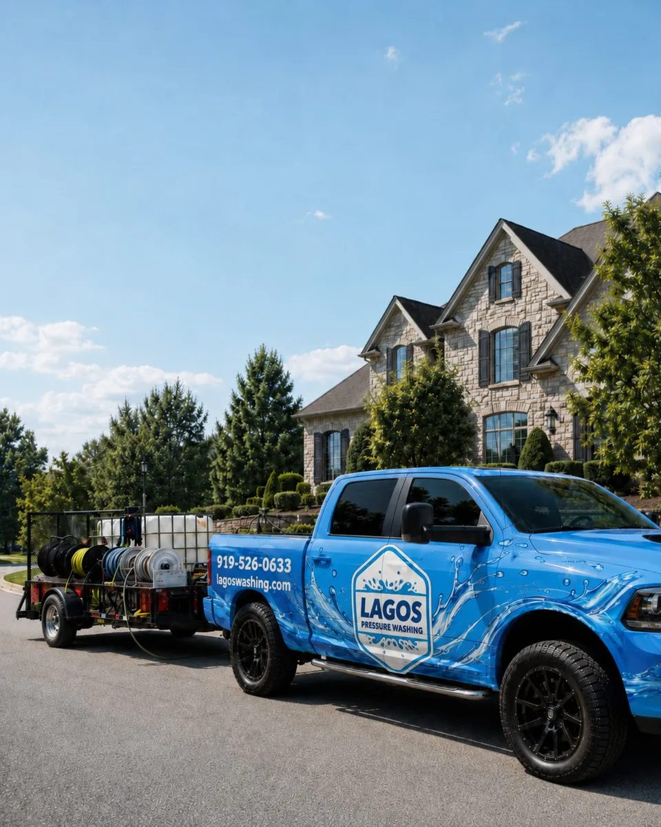Lagos branded truck and professional equipment outside a local home